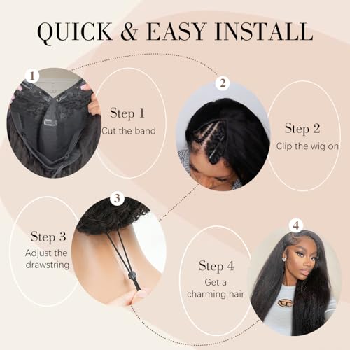 Kinky Straight V Part Wig Human Hair 18 Inch V Part Wig For Women with Drawstring 180% Density Upgrade Glueless U Part Wig No Leave Out No Sew In Kinky Straight Human Hair Wigs Natural Black