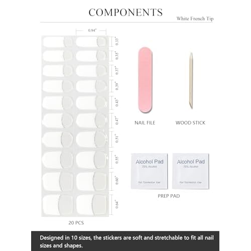 Semi Cured Gel Nail Strips (A White French Tip), Clear Base, 20 Pcs Gel Nail Wraps, Stickers, UV Light Required, Salon Quality, Long Lasting