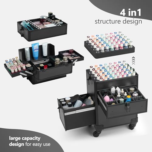 4 in 1 Rolling Makeup Case on Wheels with Drawer and Professional Cosmetic Organizers for Salon Barber - Bright Black