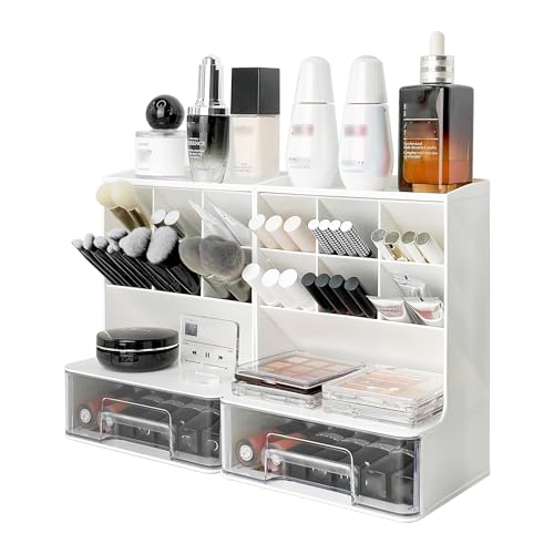 Make Up Organizers and Storage 2 Pack, Acrylic Cosmetic Organizer for Vanity Countertop Bathroom Room, Makeup Brush Holder, Makeover Stuff for Girls