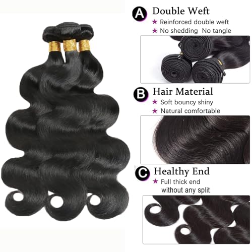 Body Wave Human Hair Bundles 16 18 20 Inch 100% Unprocessed Brazilian Virgin Hair Weave 3 Bundles Human Hair Weft Body Wave Hair Extension for Black Women Natural Black
