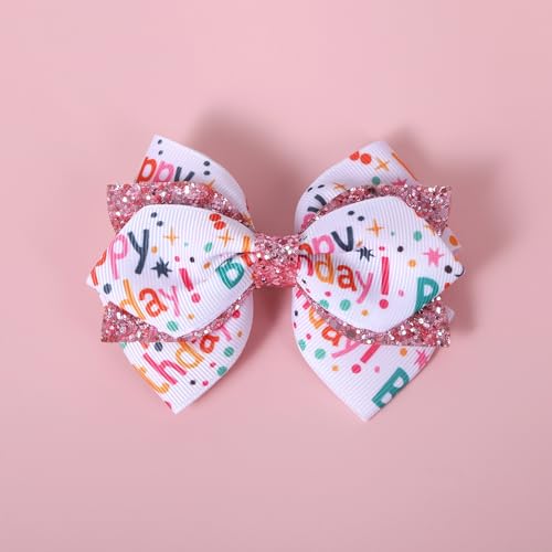 4" Happy Birthday Ribbon Hair Bow Clips 2pc Sparkly Pink Sequin Alligator Barrettes Pins for Teens Toddler Baby Girls Kids Women Ice Cream Party Outfit Dress Decor Accessory Gift