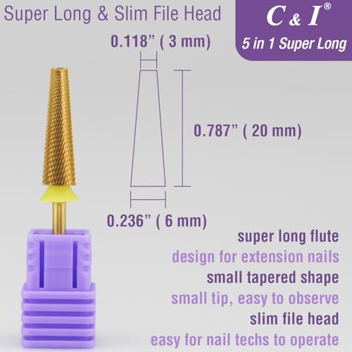 C&I 5 in 1 Nail Drill Bit Super Long Slim Efile Professional Nail Bits Nail Tech Must Have for Extension Nails Acrylic Powder Hard Gel Nail Tip Cuticle Remover Nail Supplies (Extra Fine -XF)