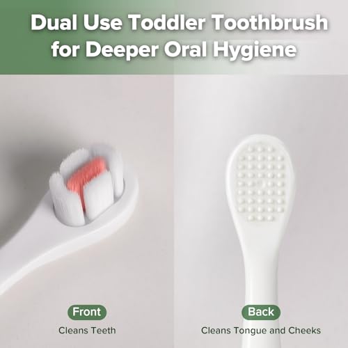 haakaa Dinosaur Toothbrush for Kids 2-4 ? Soft Bristles Baby Toothbrush with Silicone Handle, Non-Slip Grip & Tongue Cleaner | BPA-Free, Fun Training for Toddlers - Pink, 1 Count