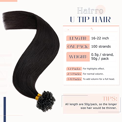 Hairro Pre Bonded Fushion Hair Extensions Nail Tip Human Hair Keratin U Tip Hairpieces Utip Remy Natural Glue Stick Flat Tipped Hairpiece For Women 100 Strands 16" 50g #1B Natural Black