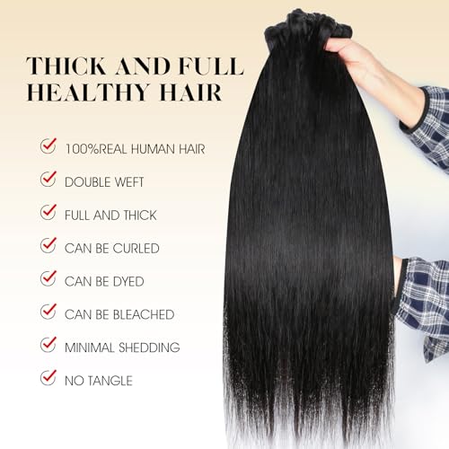 16A Straight Human Hair Bundles with Closure, 100% Unprocessed Brazilian Virgin Hair, 3 Bundles with 4x4 HD Lace Closure Free Part, Pre-Plucked with Baby Hair, Natural Black (22 24 26 + 20 Inch)