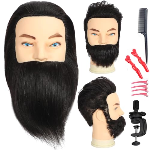 Male Mannequin Head with Beard 100% Human Hair Haircut Manikin Head for Cosmetology Straight Thick Hair Doll Head with Human Hair with Stand Practice Cutting Styling