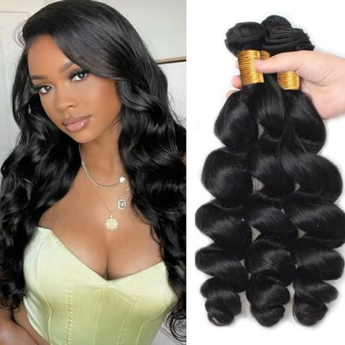 Loose Wave Human Hair Long Brazilian Virgin Bundles - Natural Black Color, Can Be Dyed and Styled - 3 Weave Bundles Total 300g - 22, 24, 26 Inch