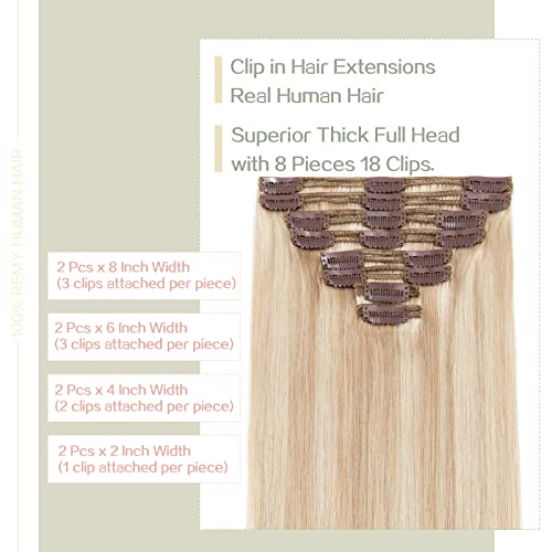 S-noilite Clip in Human Hair Extensions Balayage 100% Real Human Hair Thick True Double Weft Full Head 8 Pieces 18 clips Straight silky (18 inch - 140g,Ash Blonde/Bleach Blonde (#18/613))