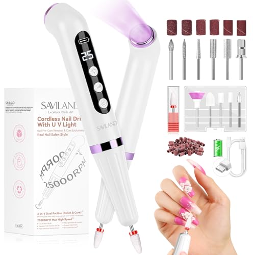 SAVILAND Cordless Nail Drill with U V Light: 25000 RPM Nail Drill Professional & U V Light for Removal & Solidification of Nails 2in1 for Home Nail Art Manicure Pedicure £¨White£©
