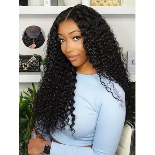 Curlyme Glueless Wigs Human Hair Pre Plucked Pre Cut Pre Bleached 7x5 Water Wave Lace Front Wigs Upgraded Drawstring Wear and Go Gluelesss Hair for Women Natural Hairline 20 Inch