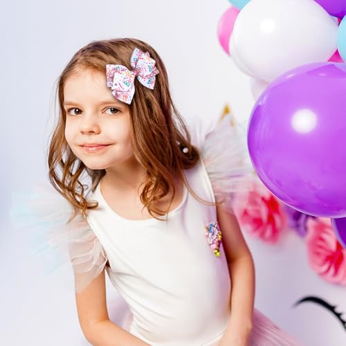 4" Happy Birthday Ribbon Hair Bow Clips 2pc Sparkly Pink Sequin Alligator Barrettes Pins for Teens Toddler Baby Girls Kids Women Ice Cream Party Outfit Dress Decor Accessory Gift