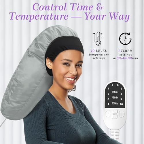 Hair Steamer for Deep Conditioning: Upgraded Thermal Cap with 10-Level Fast Heating, 3 Timer Settings, XL Hood for Natural, Curly & Black Hair ? Portable Steam Cap for Home Hair Treatments