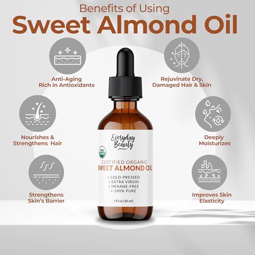 Organic Sweet Almond Oil | 100% Pure, Cold-Pressed, Unrefined | USDA Certified Organic | Amber Glass Bottle with Glass Dropper | For Face, Skin & Hair - 1 Fl Oz
