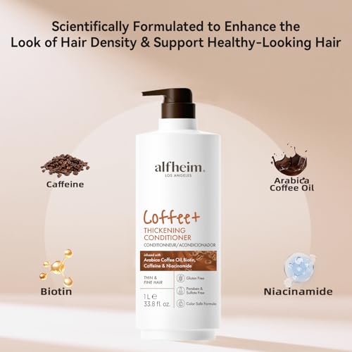 ALFHEIM Coffee+ Thickening Conditioner for Fine, Thin & Weak Hair with Caffeine, Biotin & Arabica Coffee Oil, Strengthening, Moisturizing & Volumizing Formula, Paraben-Free, Sulfate-Free, 33.8 oz 1L