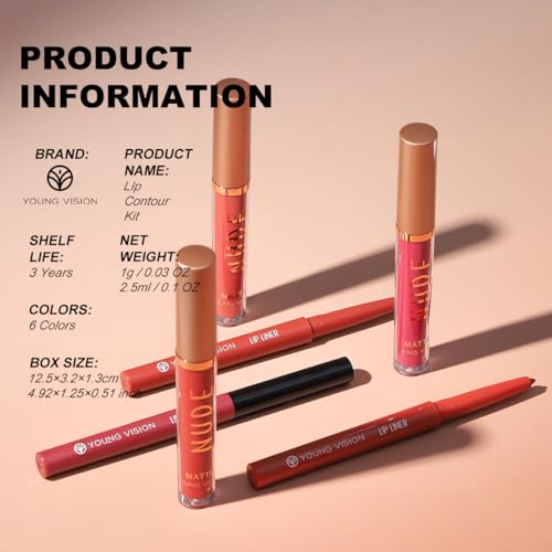 YOUNG VISION 6 Colors Matte Lipstick & Lip liner Combo Set, Matte Lip Makeup Srt - Durable, Waterproof, Long Wear, Cruelty Free for Girls, Women, Beginners Teenagers