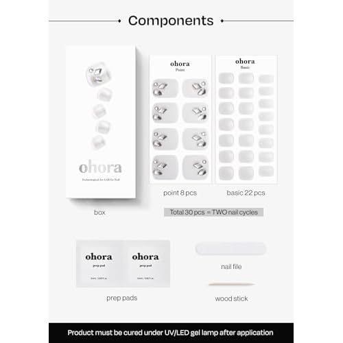 ohora Semi Cured Gel Pedi Strips (P Silky) - Works with Any Nail Lamps, Salon-Quality, Long Lasting, Easy to Apply & Remove - Includes 2 Prep Pads, Nail File & Wooden Stick