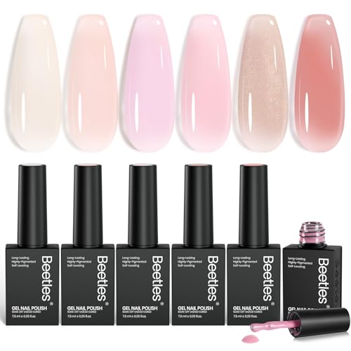 Beetles Jelly Gel Nail Polish Set - 6 Colors Nude Pink Gel Polish Kit Neutral Shimmer Translucent Sheer Gel Soak off Uv Nail Concealer Peach Juice Collection French Nail Art Manicure Gift for Women