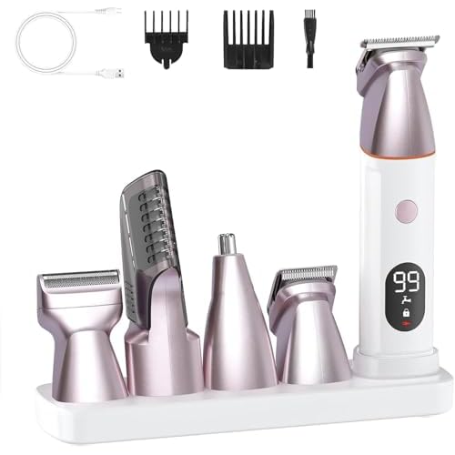 Bikini Trimmer for Women and Men,5-in-1 Wet/Dry Body Hair Trimmer,Gentle Hair Removal Shaver for Full Body Groomer,Electric Razor Shaver with USB Charge Dock-No Nick, No Cut, No Razor Burn,Pink