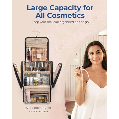 BAGSMART Makeup Bag for Women with Hanging Hook - Portable Cosmetic Case, Large Capacity Door Room Essentials Travel Organizer for Full Sized Cosmetics and Toiletries, Black