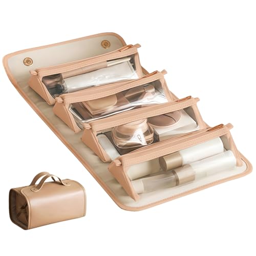 Large Foldable Hanging Toiletry Bag for Women, 4-in-1 Waterproof Makeup bag, Cosmetic Bag with Detachable Interior Pockets, Ideal for Women Travel Essentials(Brown)