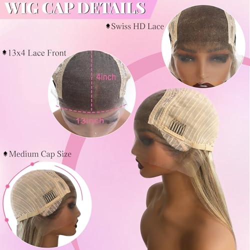 Highlight Lace Front Wig Human Hair Pre Plucked 13x4 Lace Frontal Wigs Glueless Straight Ash Brown to Ash Blonde Highlights Human Hair Wig 180% Density 24 Inch