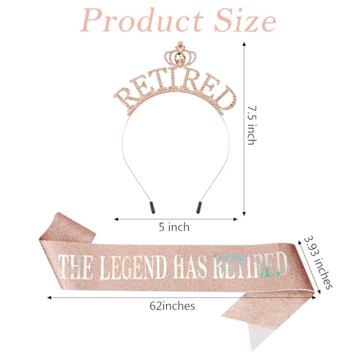 SuPoo Rose Gold Retirement Sash for Women Rhinestone Retired Crown Headband Tiara Retirement Gifts The Legend Has Retired Sash Crown Elegant Retirement Party Decorations Retired Decor