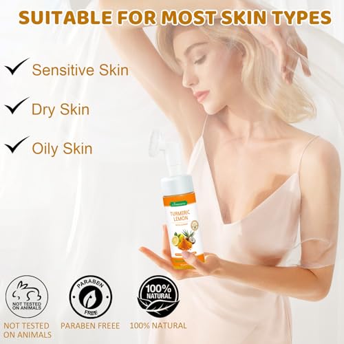 2 Pack Turmeric Lemon Face Wash with Brush, Vitamin C Foaming Facial Cleanser, Turmeric Soap Lemon Soap Deep Clean with Coconut Oil, Foaming Facial Cleanser for All Skin, 150g/5.07 FL Oz x2