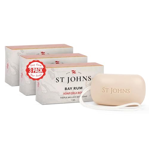 St. John Bay Rum Soap On A Rope | USA Made, Triple-milled Mens Soap Bar | Hydrating Bar Soap for Men with Olive Oil & Glycerine | Luxury Body Soap Bar for men | (7 oz Bar- 3 Pack)