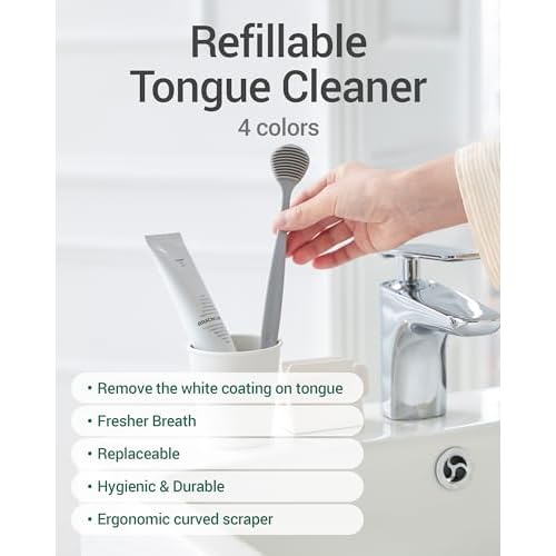 DEARCUS Korean Tongue Scraper with 3 Replaceable Heads - 100% BPA Free TPE Tongue Cleaner - Reduce Bad Breath & Without Hurt - Hygienic Scraper - Modern & Simple Design (White)