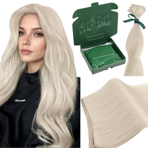Ugeat Blonde Weft Hair Extensions Human Hair 24 inch Remy Real Hair Sew in Extensions Platinum Blonde Long Hair Extensions Weft For Women 105G