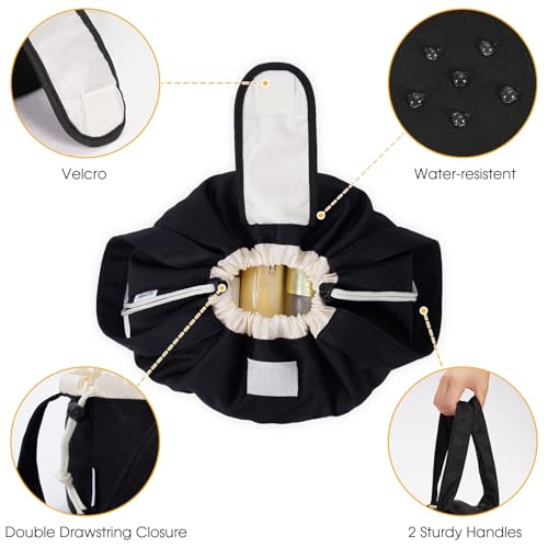 Narwey Barrel Drawstring Makeup Bag Large Cosmetic Bag Make up Bags Women and Girls Toiletry Organizer for Travel Toiletries Accessories Essentials (Black) (Patent)