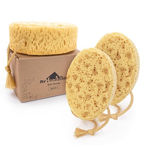 myHomeBody Bath Sponge, Foam Loofah, Body Scrubber for Bathing, Exfoliating Shower Pouf for Shower - Large Size, Lots of Lather, Oval, 3 Pack