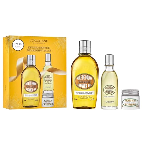 L'Occitane Almond Skin Softening Trio: Best Holiday Gift Set With Cleansing Almond Shower Oil Body Wash, Moisturizing AlmondMilk Concentrate, AlmondHand Cream