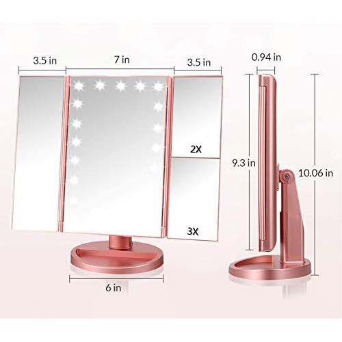 Trifold Makeup Mirror Vanity Mirror with Lights,1X 2X 3X Magnification,Touch Screen,180 Adjustable Rotation,Portable Travel Bathroom Cosmetic Mirror