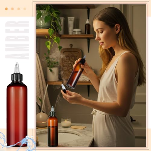 Barydat 72 Pcs 8 oz Squeeze Bottle Twist Top Applicator Bottles Empty Hair Oil Bottle with Funnels Refillable Amber Plastic Bottles for Liquid Hair Oil Shampoo Lotion