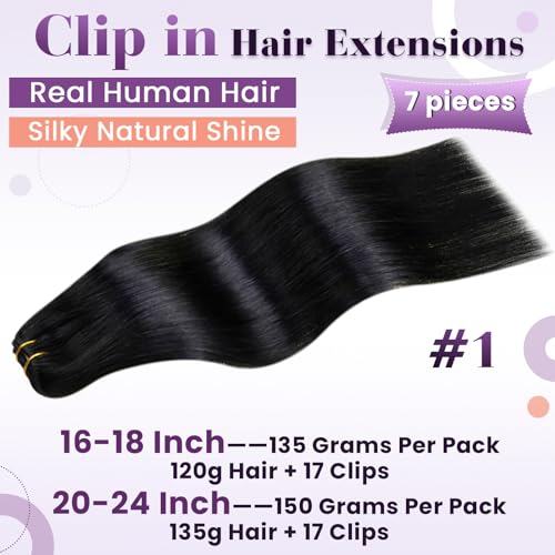 LaaVoo Hair Extensions Clip in Human Hair Black Real Human Hair Clip in Extensions 150g Jet Black 20 Inch 7pcs