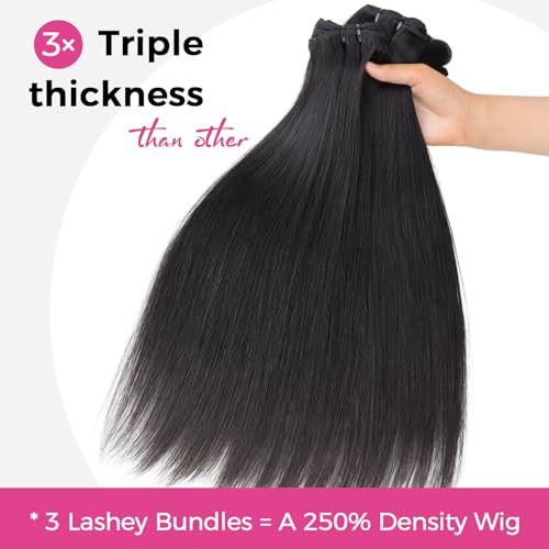 Lashey Raw Human Hair Bundles Straight 3 Bundles 14 16 18 Inches 100% Virgin Hair Bundles Soft and Silky Weave Bundles Double Weft Straight Raw Bundles Human Hair Hair Extension Natural Black