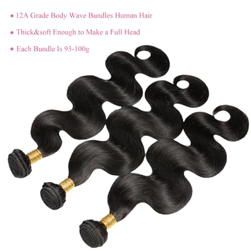 26 28 30 Inch Human Hair Bundles Body Wave Bundles Human Hair 12A Grade 100% Unprocessed Brazilian Virgin Hair Quick Weave Extensions Natural Black(26 28 30 Body Wave)
