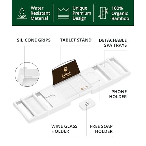 ROYAL CRAFT WOOD Premium Foldable Bathtub Tray - Wood Bath Tray for Tub, Bamboo Shelf, Expandable Bath Table Trays, Bathtub & Bathroom Accessories for New Home & Mothers Day & Birthday Gifts for Mom