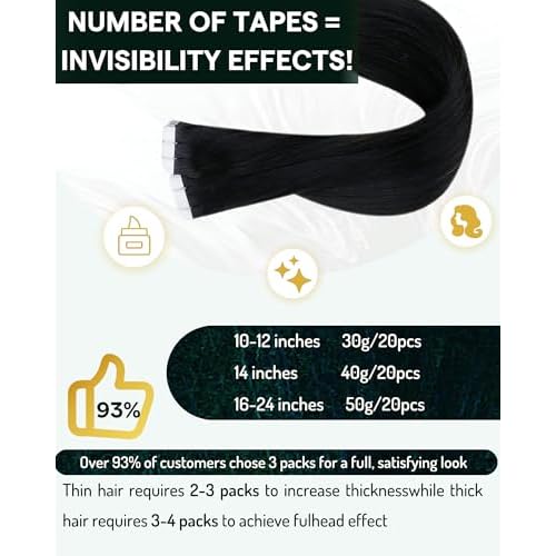 RUNATURE Tape in Hair Extensions Human Hair Jet Black, 30 Inch Tape in Extensions for Women, Long Straight Hair Extension Tape ins, Natural Looking,Thick Ends #1 50g 20pcs