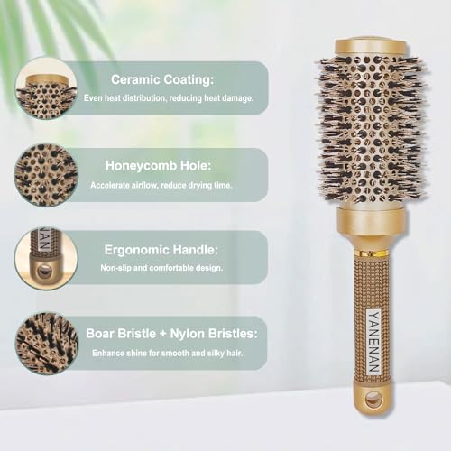 Round Brush for Blow Out,Boar Bristle Round Hair Brushes for Women Bangs,Curly Hair Roller Brush for Blow Drying,Nano Thermal Ceramic & Ionic Tech(2.9 inch,Barrel 1.7inch,45mm)