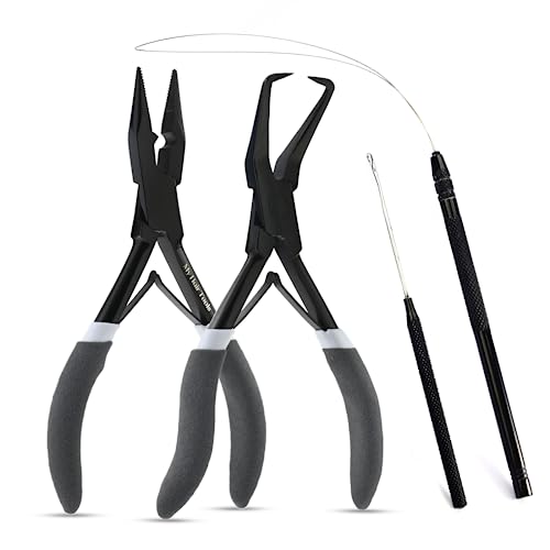 Hair Extension Tools Kit Includes Micro Beads Remover & Crimping Pliers set, Stainless Steel Micro Rings Pulling Hook & Loop Tool Packed in Soft Case (Black with Rubber Grip)