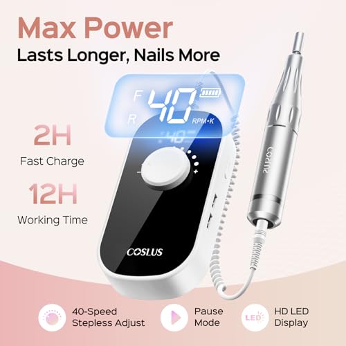 COSLUS Electric Nail Drill Professional: 40000 RPM Rechargeable Nail File with Stand for Acrylic Gel Nails - Stable & Smooth Grinding, Easy to Use, Ideal for Beginners Women, Home DIY and Salon, White