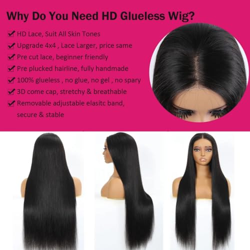 Odir Wear and Go Glueless Wigs Human Hair Pre Plucked Pre Cut 4x4 Lace Closure Wigs 22 Inch Human Hair 180% Density Brazilian Straight Hair HD Lace Front Wigs for Black Women Glueless Wigs