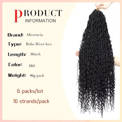 New Goddess Locs Crochet Hair 30inch Long River Faux Locs Braids with Curly End Long Boho Hippie Locs Style Synthetic Hair Extensions (30" 6Packs 1B#)
