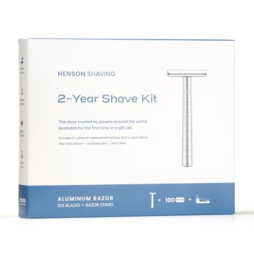 Henson AL13 Safety Razor Shave Set ? Includes Safety Razor, Stand & 100 Razor Blades ? Gentle, Precision Shaving Kit for Men & Women ? Aluminum Double Edge Razor for Smooth, Irritation-Free Shaves