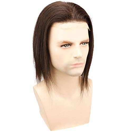 12" Long Hair Men's Toupee 100% Virgin Human Hair Replacement System for Men 10"x8" Base Size Natural Black Color