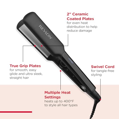 REVLON Ceramic Coated 2" Flat Iron - Fast Heating Hair Straightener for Quick and Smooth Results, Plus Travel Friendly (Black)