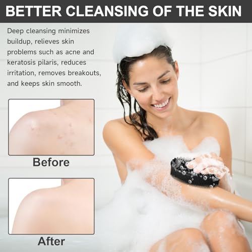 Metene Silicone Exfoliating Body Scrubber with Loop, Body Scrubber for Men and Women, Silicone Loofah for Shower, Soft Silicone for Shower and Bath Skincare Routine (Black)